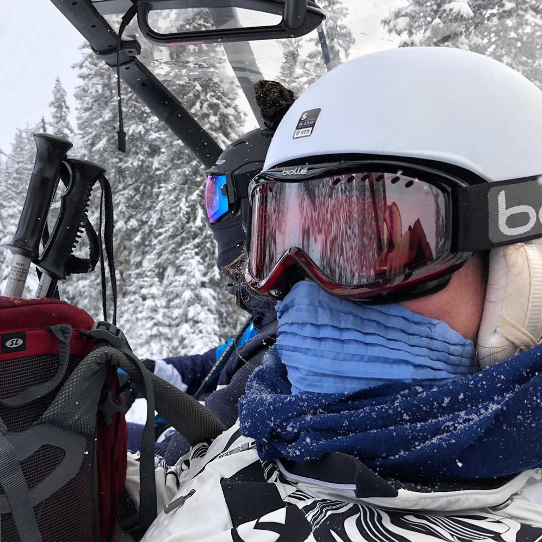 Anna wearing Petit Pli Orion Blue Face Mask