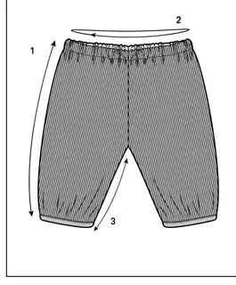 Foldwear Mini Bottoms measuring guide: 1 outside leg, 2 waist, 3 inseam