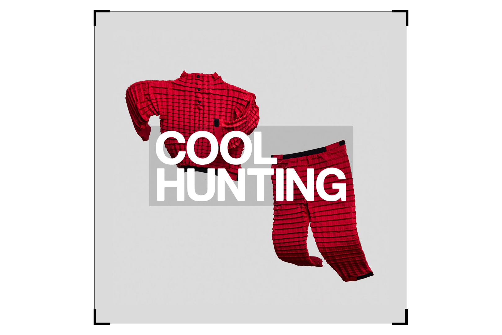 Red Versatile pullover and bottoms shot on a light grey background with bold white 'COOL HUNTING' text overlay, highlighting Petit Pli’s feature on sustainable fashion innovation.