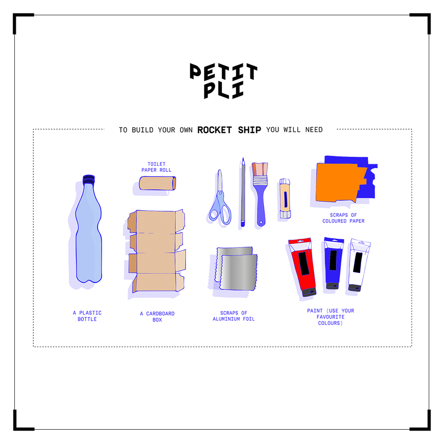 Colourful illustrations of upcycled materials needed to make a rocket ship