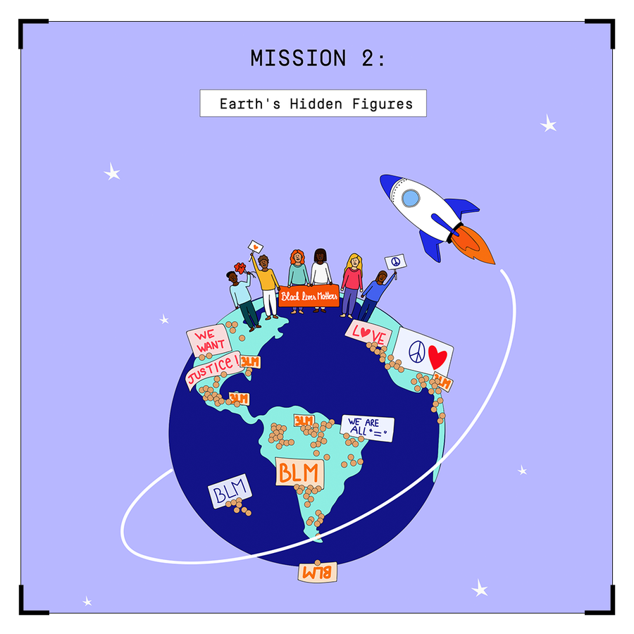 Cartoon illustration of Earth with diverse characters holding signs reading “BLM,” “Love Wins,” “Peace,” and “We Want Justice.” A rocket launches from the planet under a starry purple sky.The image promotes unity, social justice, and curiosity.