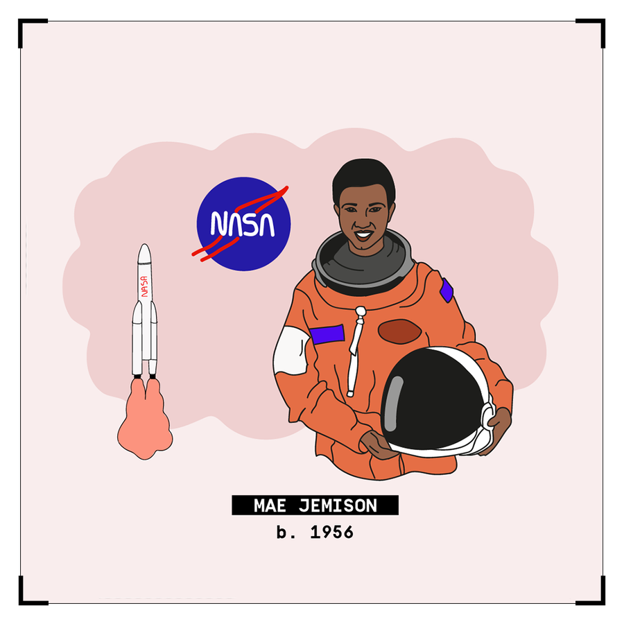 Illustration of Mae Jemison in an orange NASA space suit, holding a helmet. A rocket launches beside her, with text reading “MAE JEMISON b. 1956.” Celebrates her legacy as the first African-American woman in space.