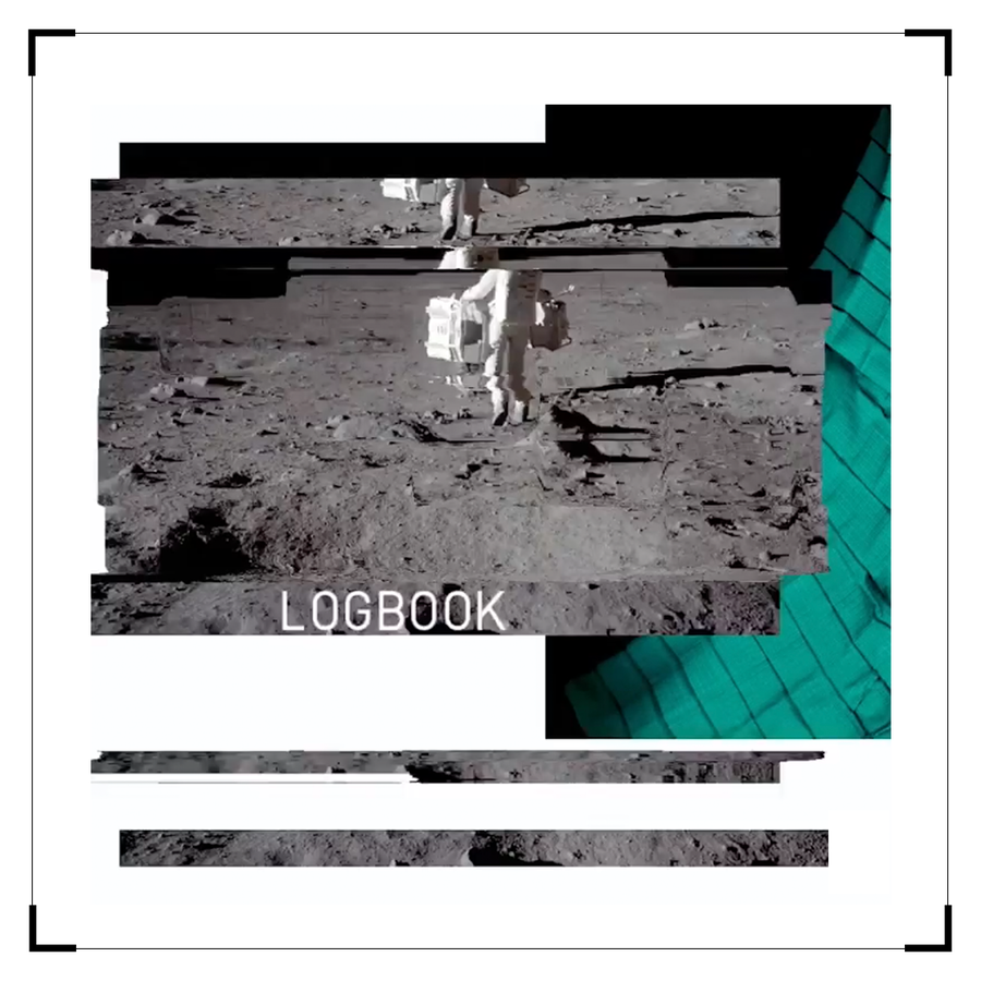 Moon landing collage with Logbook title