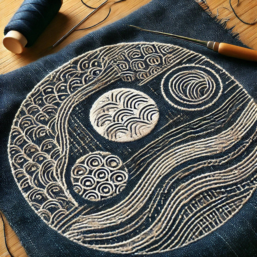 Dark blue fabric embroidered with a circular sashiko-inspired design, surrounded by sewing tools, reflecting craftsmanship, repair, and sustainable fashion.