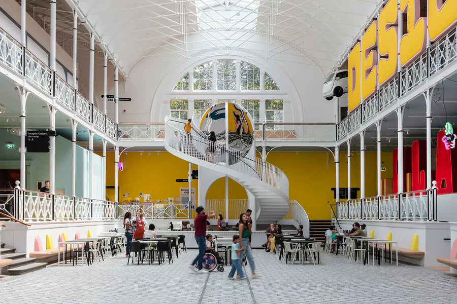 Families explore the bright Young V&A museum, with a spiral staircase, colourful galleries and playful spaces designed to spark creativity in LittleHumans.