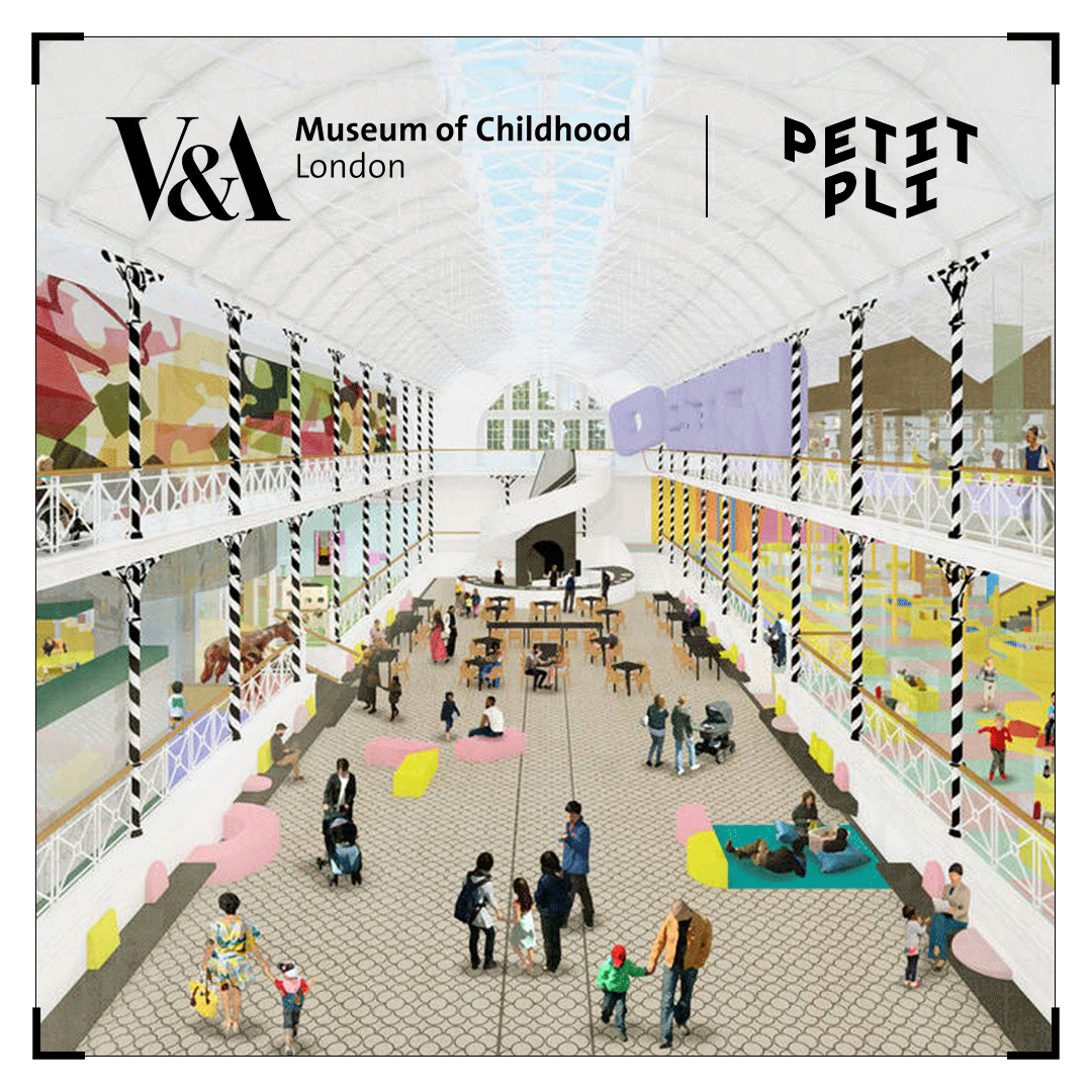 Interior of the V&A Museum of Childhood in London, featuring vibrant exhibits, open gallery spaces, and visitors engaging with displays.