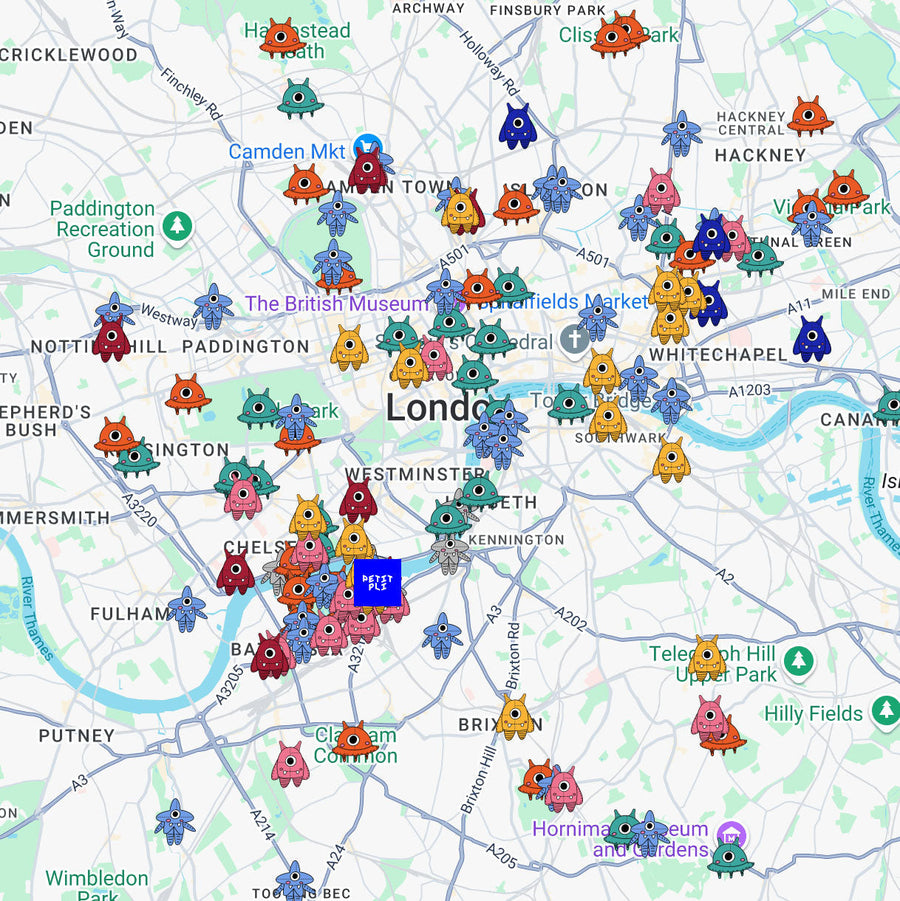 Illustrated map of London featuring colorful Petiti Pli mascots placed at landmarks of interest to families with young children