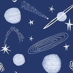 Space Doodles Print showing white cartoon drawings of planets on a blue background