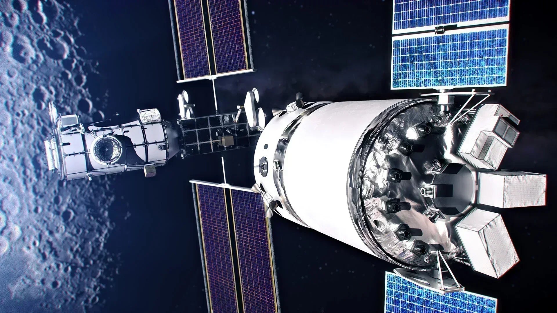 A futuristic spacecraft orbits the Moon with solar panels extended, reflecting NASA research that inspired Formulaid baby food and Petit Pli’s space-led design.