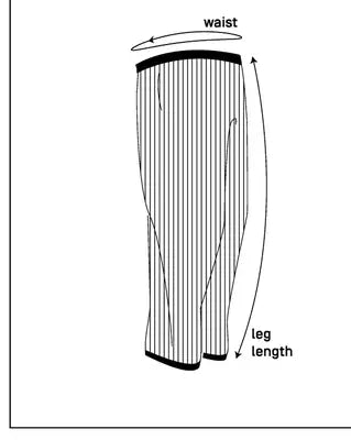 Foldwear Bottoms measuring guide: 1 waist, 2 leg length