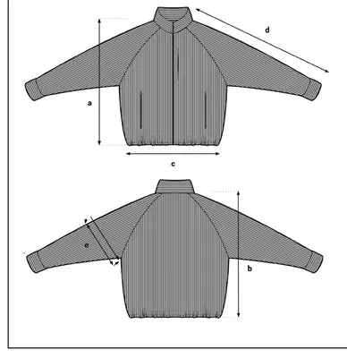 Guide de mesure Veste Foldwear : a longueur milieu devant, b longueur milieu dos, c tour de taille au repos, d longueur de manche, e tour de bras