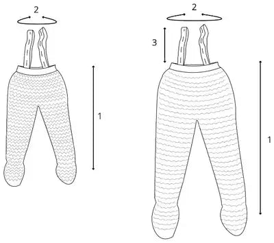 Merino Bottoms measuring guide: 1 length, 2 width